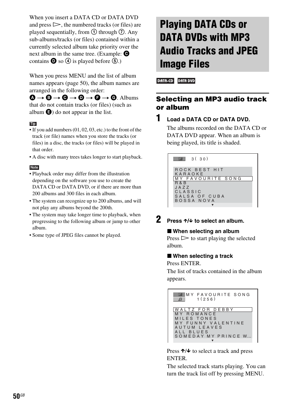 Selecting an mp3 audio track or album, Playing data cds or data dvds with, Mp3 audio tracks and jpeg image files | Sony DAV-DZ110 User Manual | Page 50 / 100