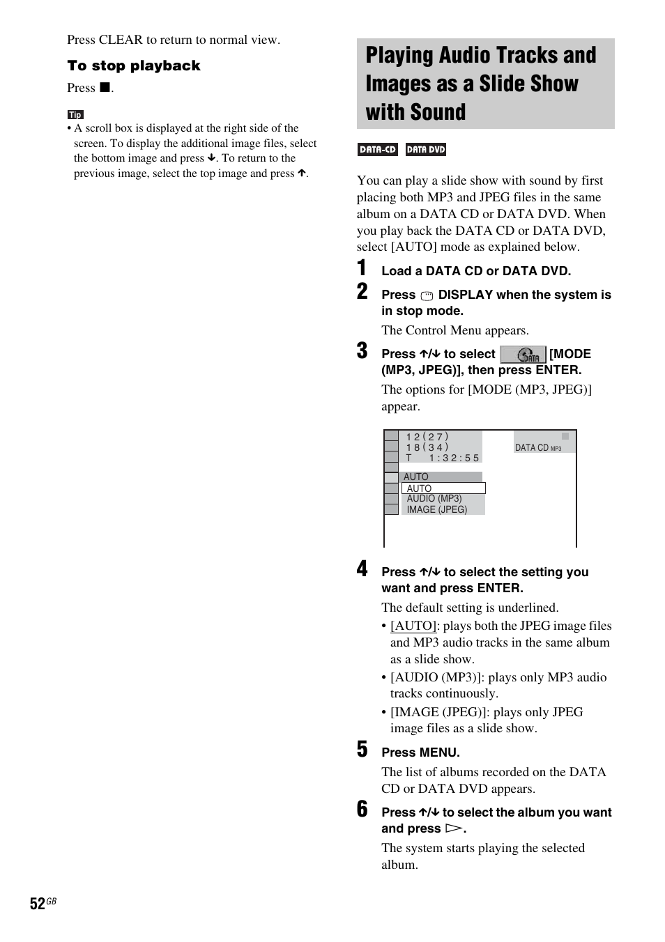 Playing audio tracks and images as a, Slide show with sound | Sony DAV-DZ110 User Manual | Page 52 / 100