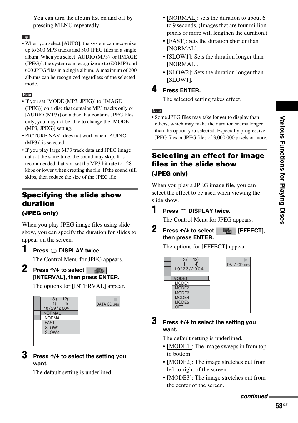 Specifying the slide show duration | Sony DAV-DZ110 User Manual | Page 53 / 100