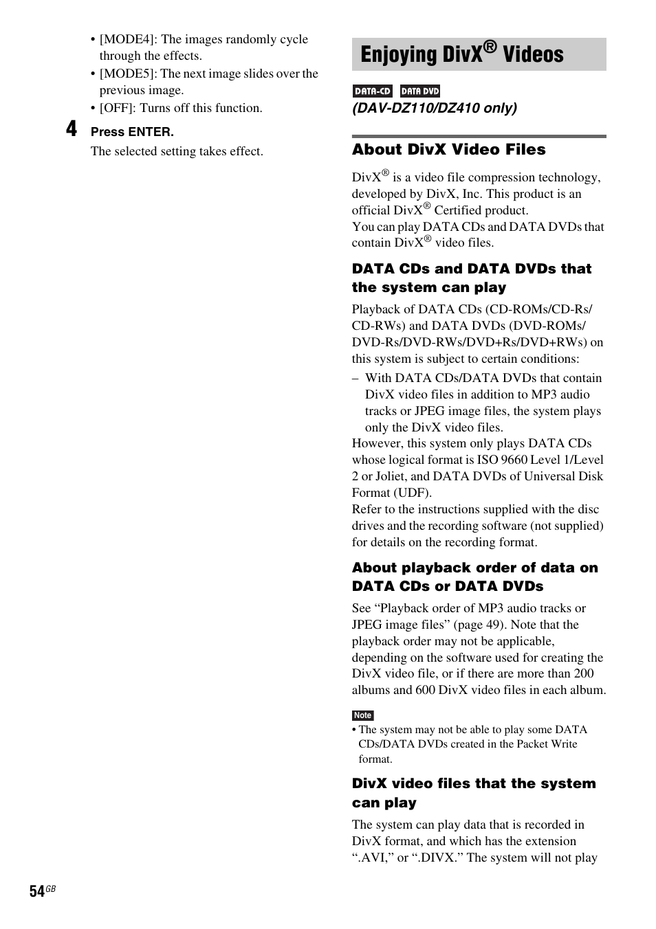 Enjoying divx® videos, About divx video files, Dav-dz110/dz410 only) | Enjoying divx, Videos | Sony DAV-DZ110 User Manual | Page 54 / 100