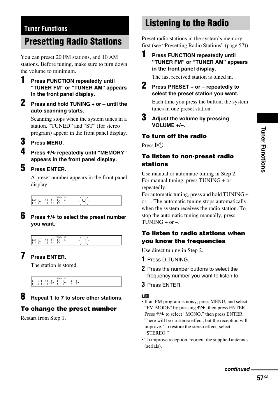 Tuner functions, Presetting radio stations, Listening to the radio | Presetting radio stations listening to the radio | Sony DAV-DZ110 User Manual | Page 57 / 100
