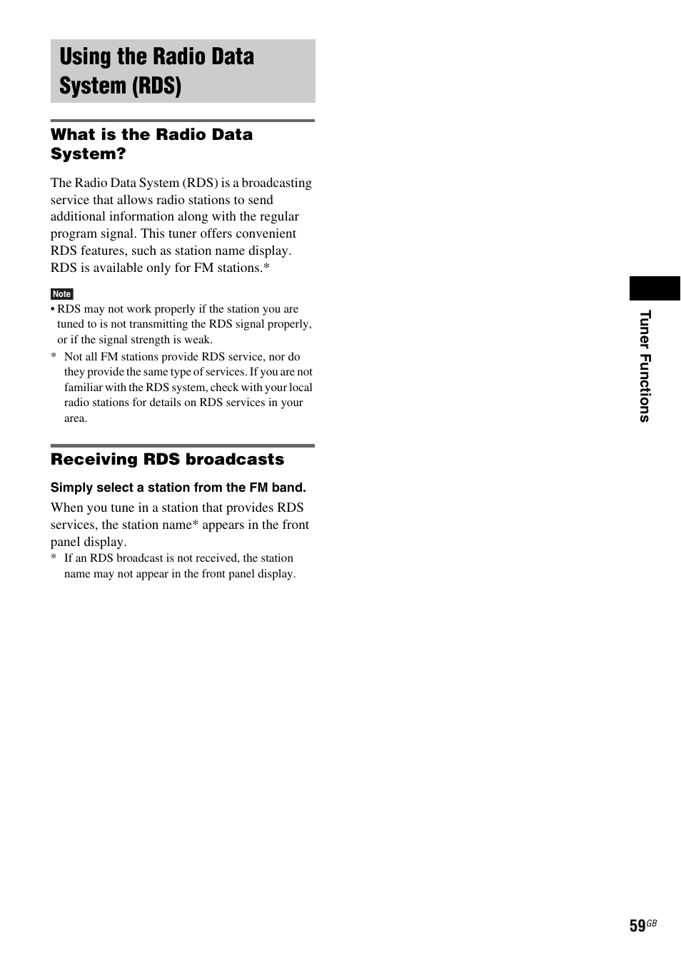 Using the radio data system (rds), What is the radio data system, Receiving rds broadcasts | Sony DAV-DZ110 User Manual | Page 59 / 100