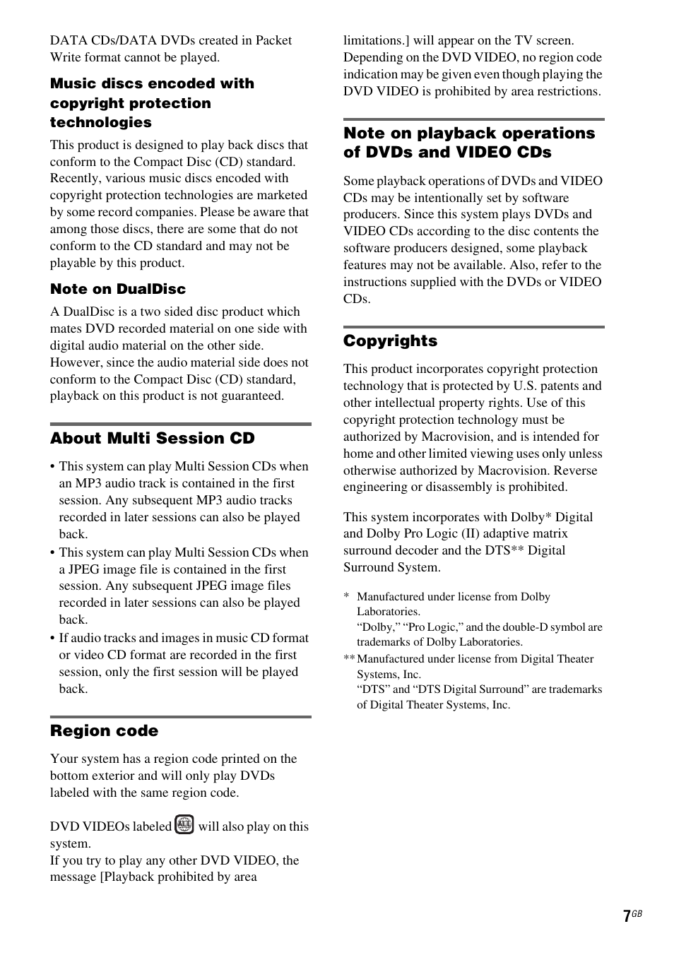 About multi session cd, Region code, Note on playback operations of dvds and video cds | Copyrights | Sony DAV-DZ110 User Manual | Page 7 / 100