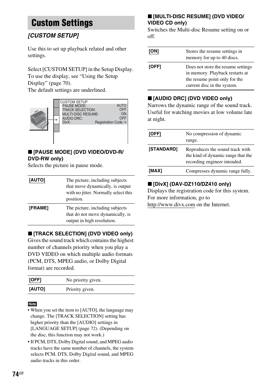Custom settings, Custom setup | Sony DAV-DZ110 User Manual | Page 74 / 100