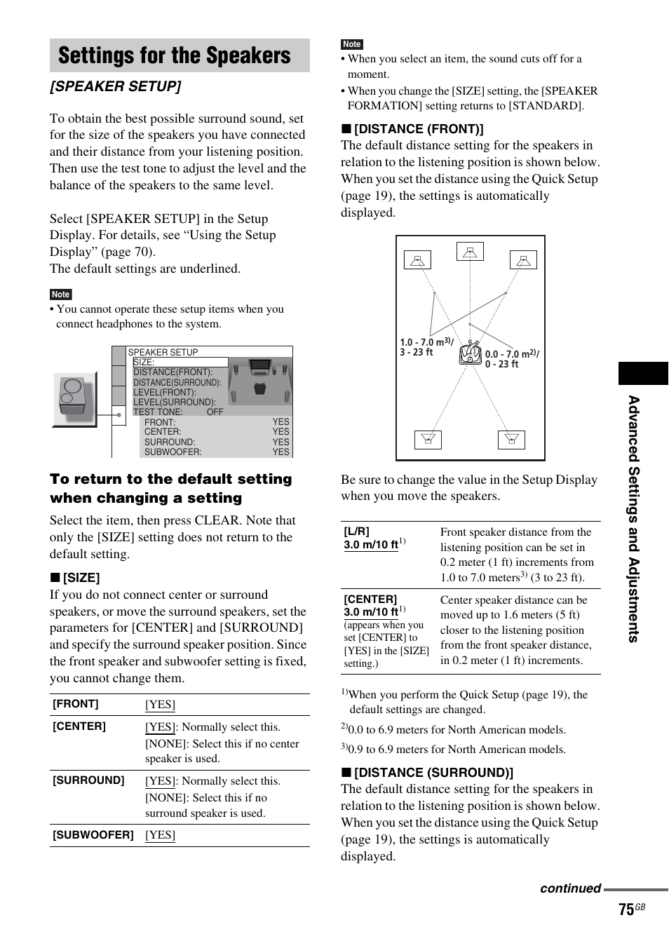 Settings for the speakers, Speaker setup, Ad v a nc ed settings and adjus tments | Sony DAV-DZ110 User Manual | Page 75 / 100