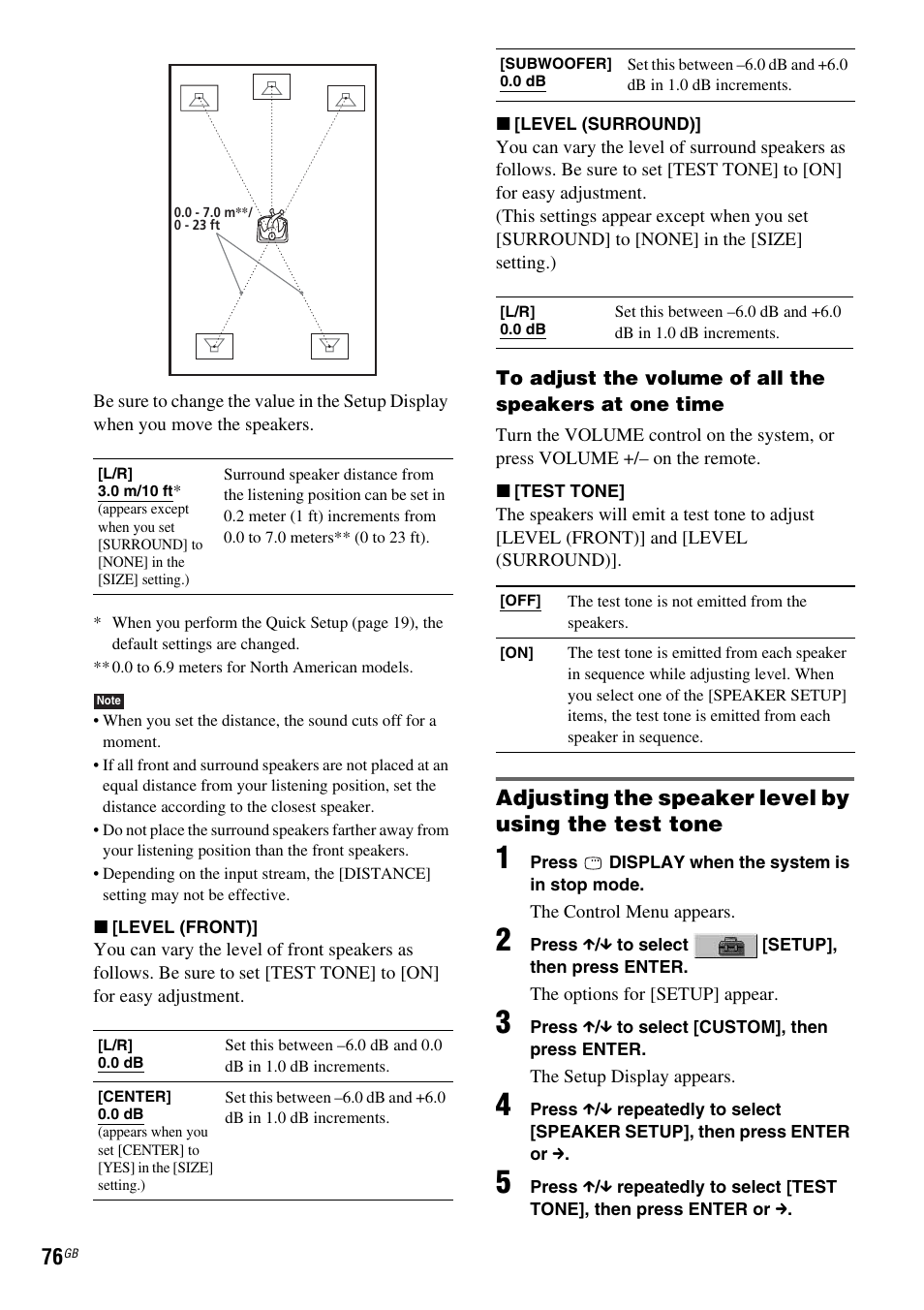 Adjusting the speaker level by using the test tone | Sony DAV-DZ110 User Manual | Page 76 / 100