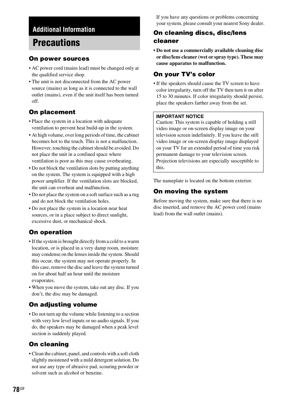 Additional information, Precautions | Sony DAV-DZ110 User Manual | Page 78 / 100