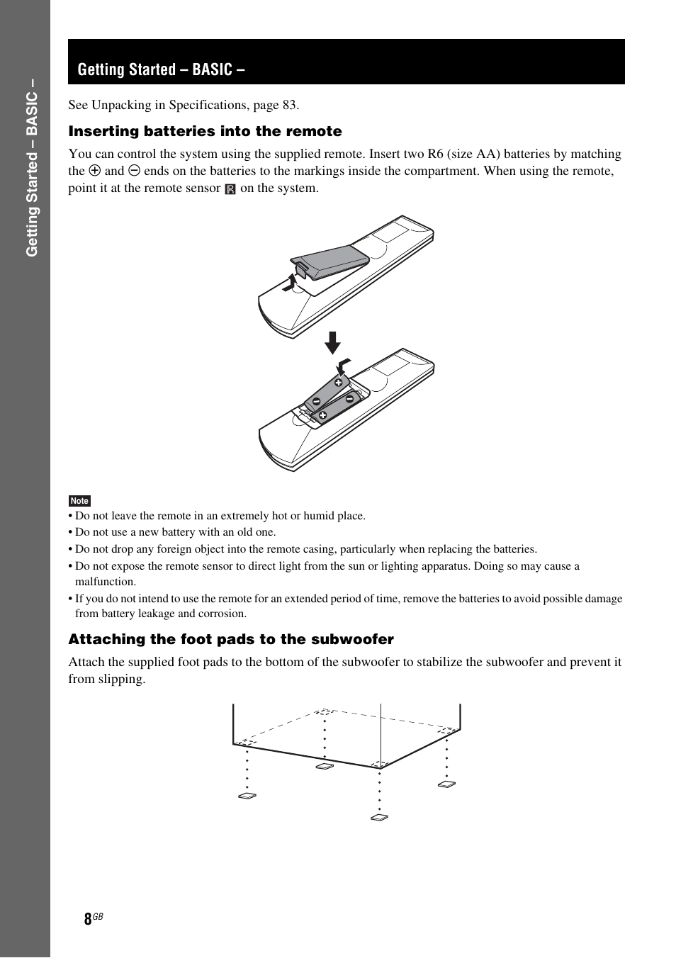 Getting started - basic, Getting started – basic | Sony DAV-DZ110 User Manual | Page 8 / 100