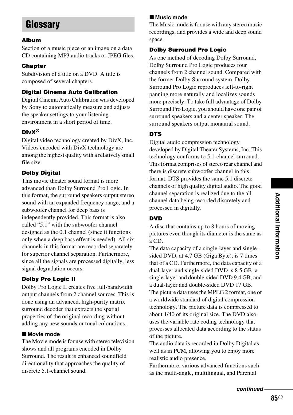 Glossary | Sony DAV-DZ110 User Manual | Page 85 / 100