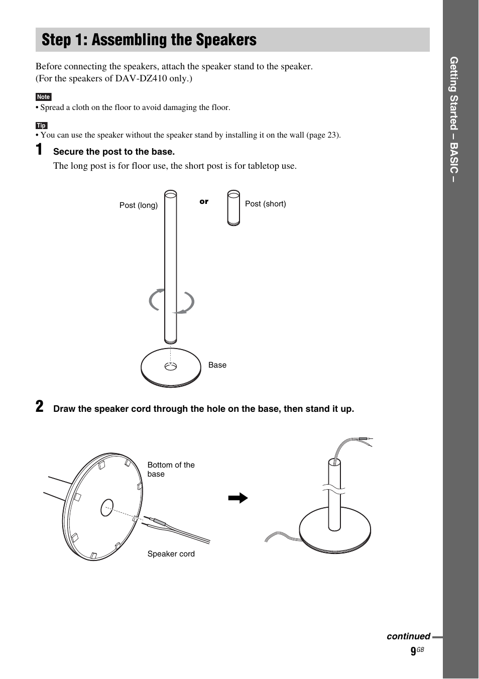 Step 1: assembling the speakers, Step 1: assembling, The speakers | Sony DAV-DZ110 User Manual | Page 9 / 100