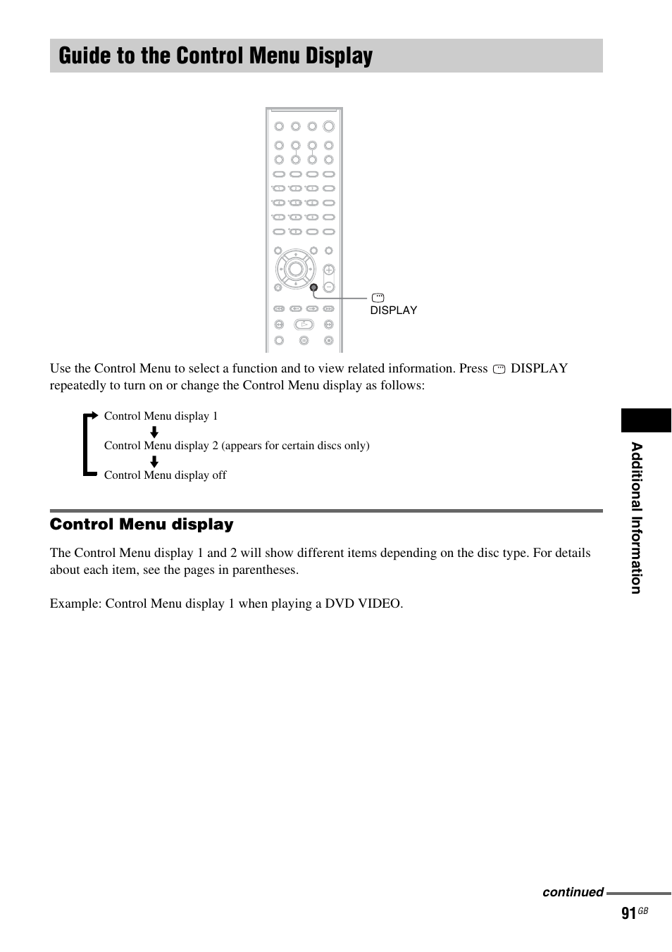 Guide to the control menu display, Control menu display | Sony DAV-DZ110 User Manual | Page 91 / 100