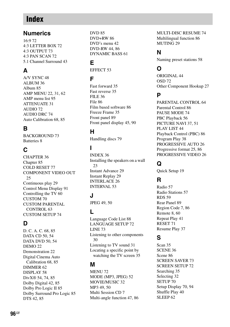 Index, Numerics | Sony DAV-DZ110 User Manual | Page 96 / 100