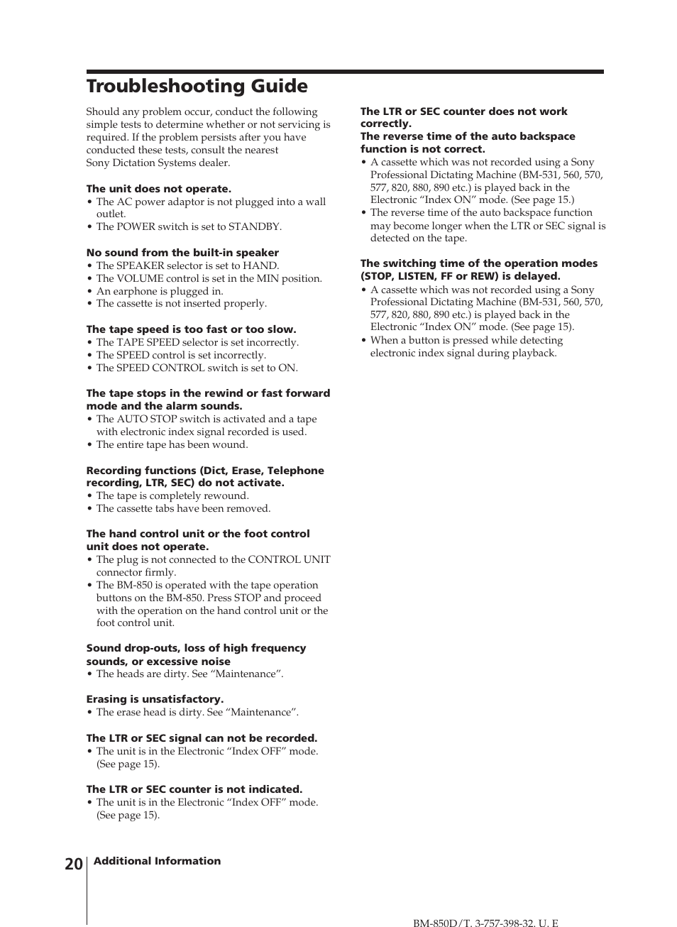 Troubleshooting guide | Sony BM-850D User Manual | Page 20 / 24