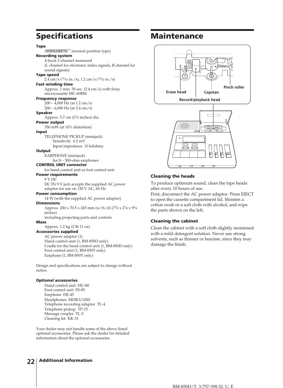 Specifications, Maintenance | Sony BM-850D User Manual | Page 22 / 24