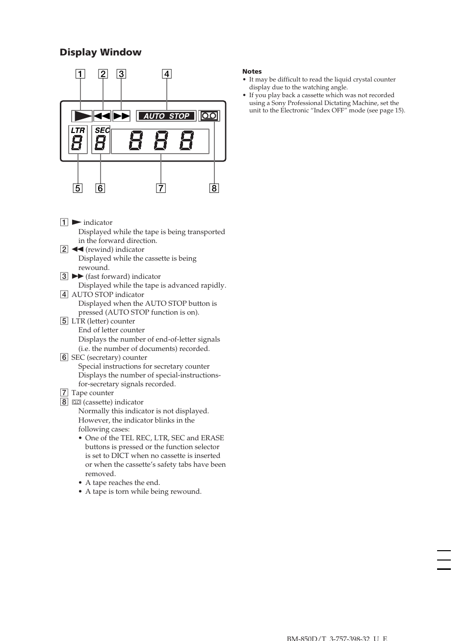 Display window | Sony BM-850D User Manual | Page 24 / 24