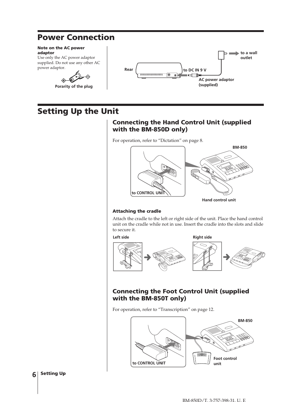 Power connection, Setting up the unit | Sony BM-850D User Manual | Page 6 / 24