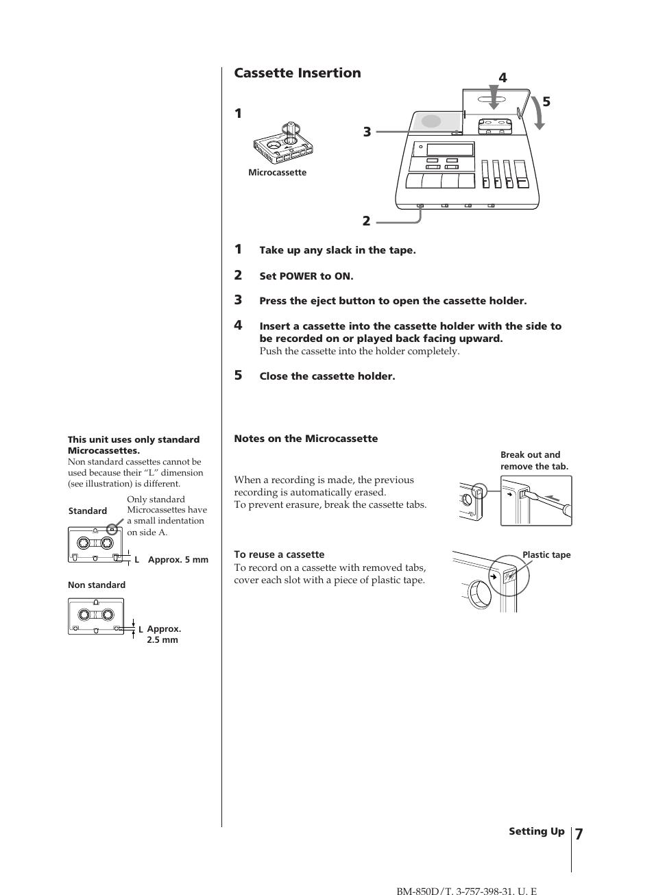 Cassette insertion 1 | Sony BM-850D User Manual | Page 7 / 24