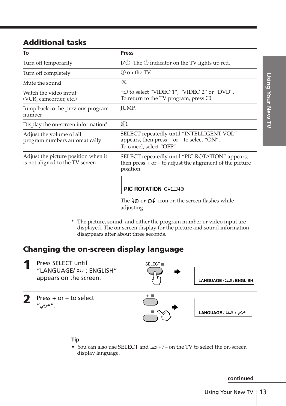 Additional tasks, Changing the on-screen display language | Sony WEGA KV-XJ29 User Manual | Page 13 / 26