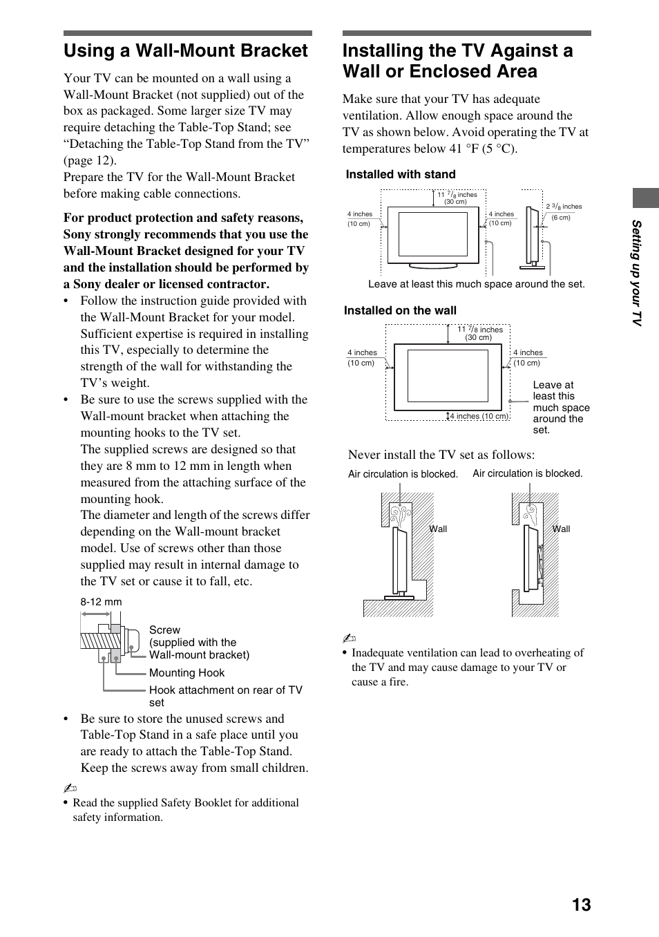Using a wall-mount bracket, Installing the tv against a wall or enclosed area, Never install the tv set as follows | Sony Bravia KDL-22EX308 User Manual | Page 13 / 24