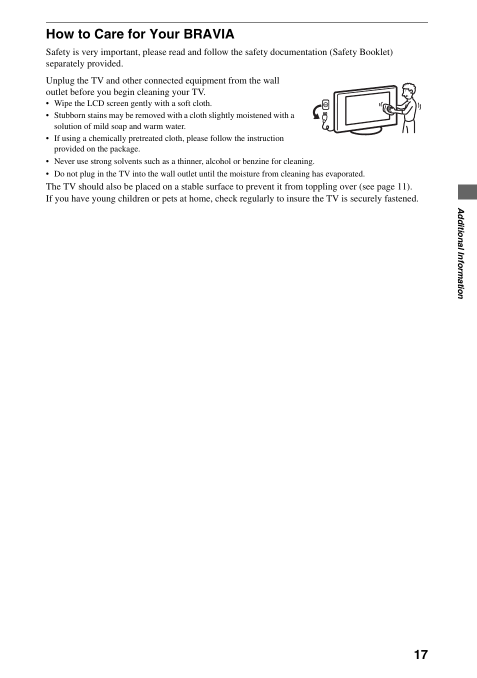 How to care for your bravia | Sony Bravia KDL-22EX308 User Manual | Page 17 / 24