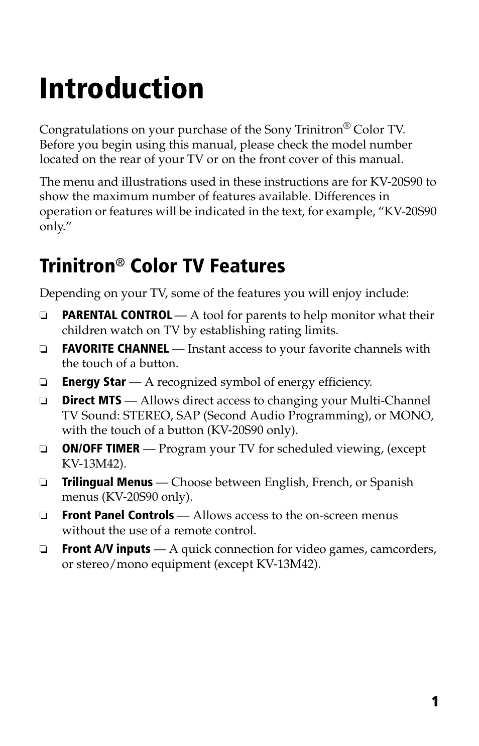 Introduction, Trinitron® color tv features, Trinitron | Color tv features | Sony KV 13M42 User Manual | Page 13 / 48