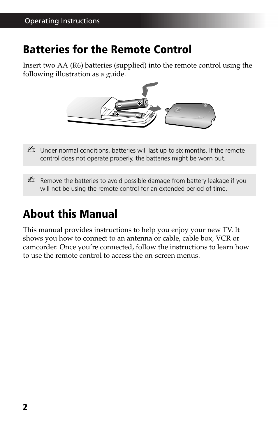 Batteries for the remote control, About this manual, Batteries for the remote control about this manual | Sony KV 13M42 User Manual | Page 14 / 48