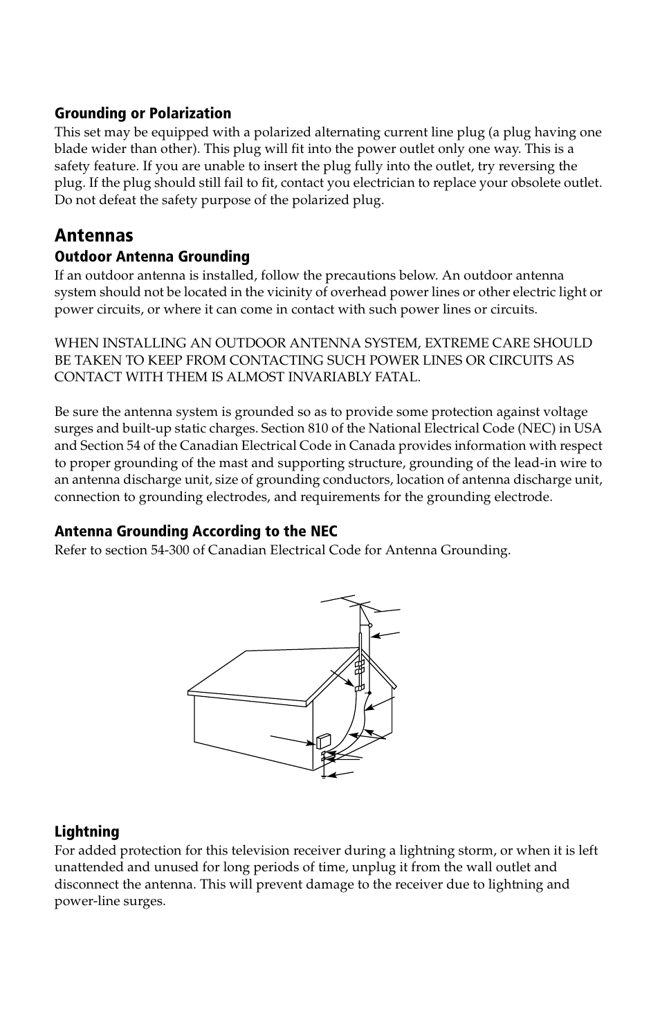 Antennas, Connecting additional equipment, Grounding or polarization | Outdoor antenna grounding, Antenna grounding according to the nec, Lightning | Sony KV 13M42 User Manual | Page 8 / 48