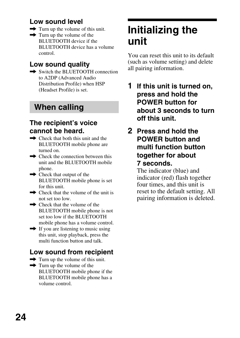 Initializing the unit, When calling | Sony DR-BT10CX User Manual | Page 24 / 28