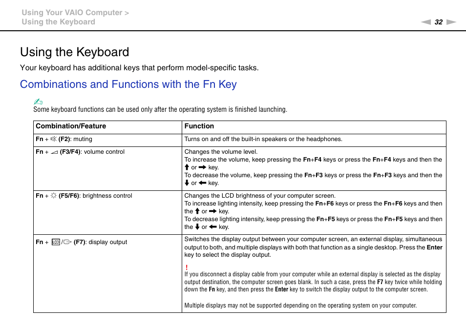 Using the keyboard, Combinations and functions with the fn key | Sony VAIO VPCCW1 Series User Manual | Page 32 / 168