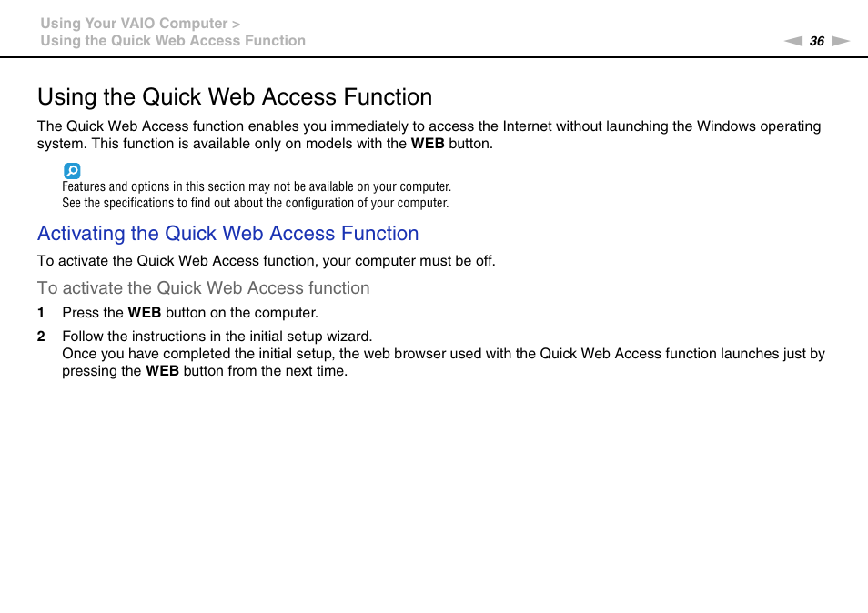 Using the quick web access function, Activating the quick web access function | Sony VAIO VPCCW1 Series User Manual | Page 36 / 168