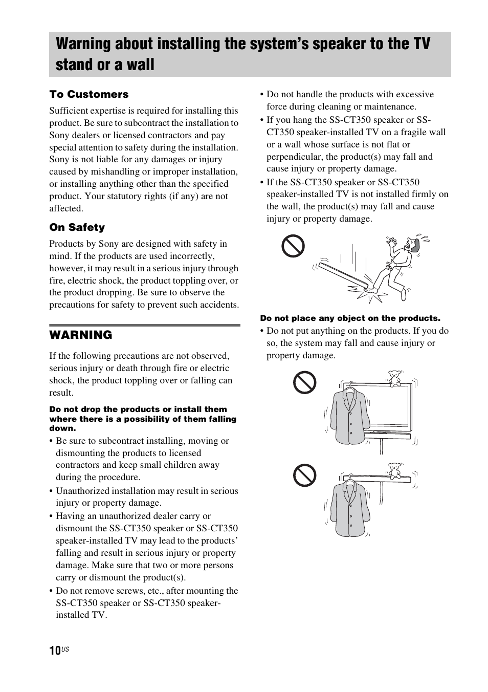 Warning about installing the system’s, Speaker to the tv stand or a wall | Sony HT-CT350 User Manual | Page 10 / 180