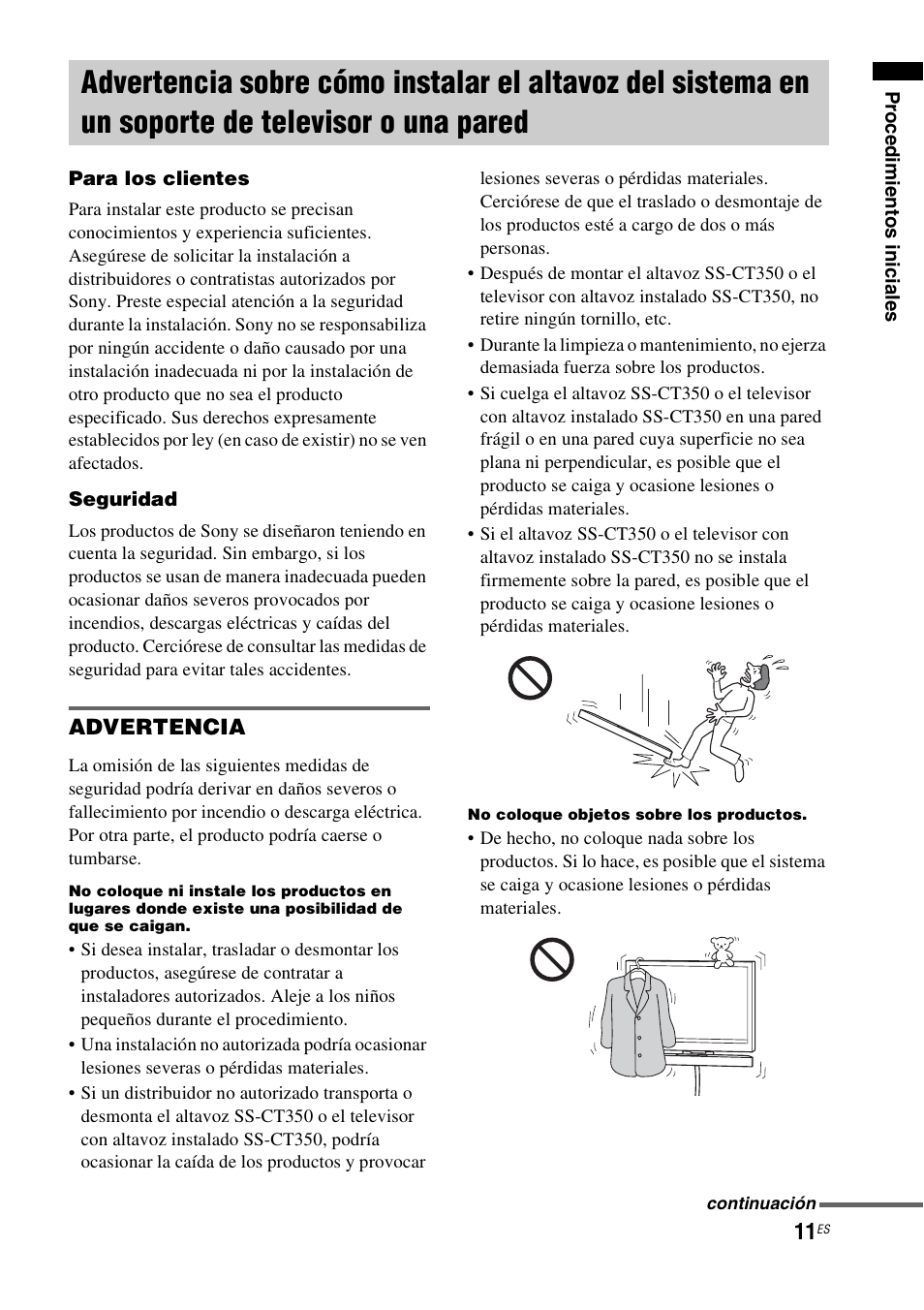 Advertencia sobre cómo instalar el altavoz, Del sistema en un soporte de televisor o una pared | Sony HT-CT350 User Manual | Page 127 / 180