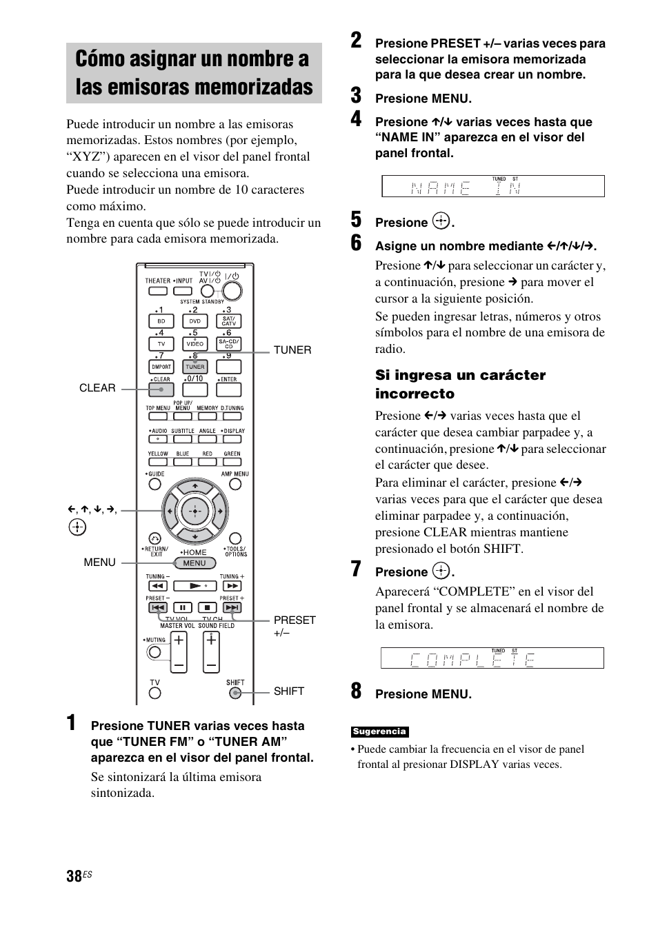 Cómo asignar un nombre a las emisoras memorizadas, Cómo asignar un nombre a las emisoras, Memorizadas | Sony HT-CT350 User Manual | Page 154 / 180