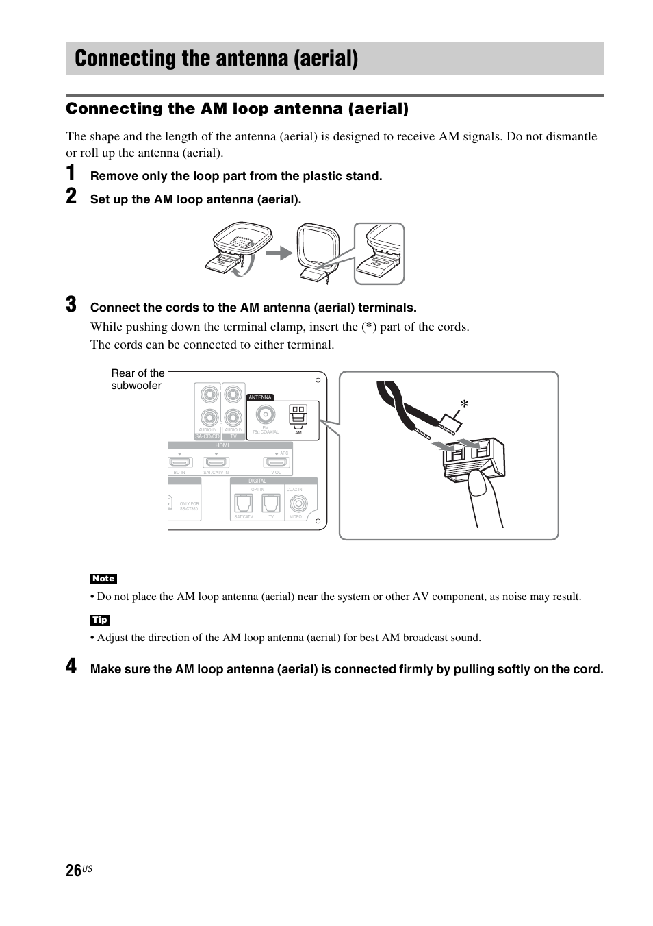 Connecting the antenna (aerial), Connecting the am loop antenna (aerial), Remove only the loop part from the plastic stand | Set up the am loop antenna (aerial) | Sony HT-CT350 User Manual | Page 26 / 180