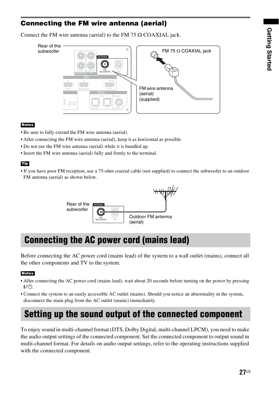 Connecting the ac power cord (mains lead), Connecting the ac power cord (mains, Lead) | Setting up the sound output of the, Connected component, Connecting the fm wire antenna (aerial), Gettin g sta rted | Sony HT-CT350 User Manual | Page 27 / 180