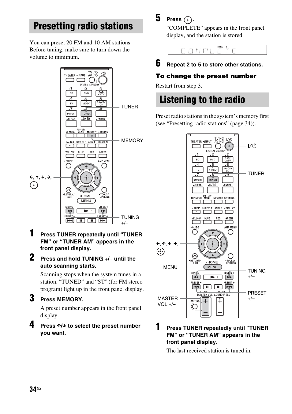Presetting radio stations, Listening to the radio, Presetting radio stations listening to the radio | Sony HT-CT350 User Manual | Page 34 / 180