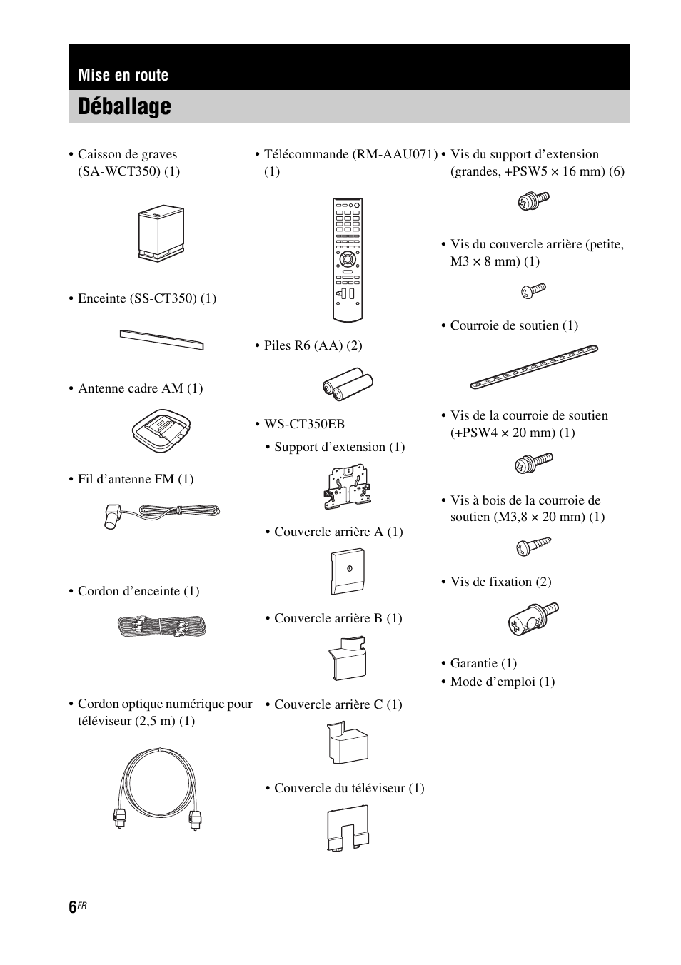 Mise en route, Déballage | Sony HT-CT350 User Manual | Page 62 / 180