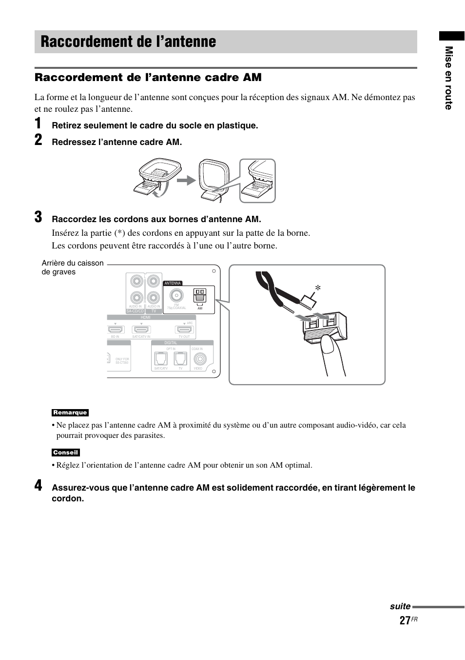 Raccordement de l’antenne, Raccordement de l’antenne cadre am, Mise en r oute | Sony HT-CT350 User Manual | Page 83 / 180