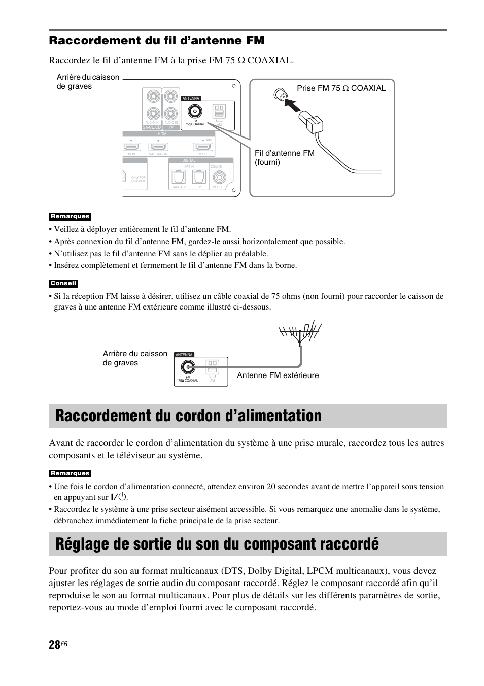 Raccordement du cordon d’alimentation, Réglage de sortie du son du composant raccordé, Raccordement du cordon | D’alimentation, Réglage de sortie du son du composant, Raccordé, Raccordement du fil d’antenne fm | Sony HT-CT350 User Manual | Page 84 / 180