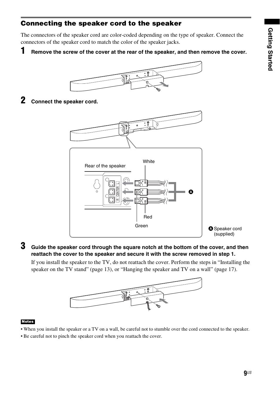 Connecting the speaker cord to the speaker | Sony HT-CT350 User Manual | Page 9 / 180