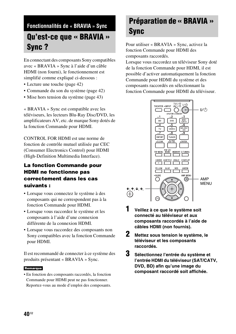 Fonctionnalités de « bravia » sync, Qu’est-ce que « bravia » sync, Préparation de « bravia » sync | Sony HT-CT350 User Manual | Page 96 / 180