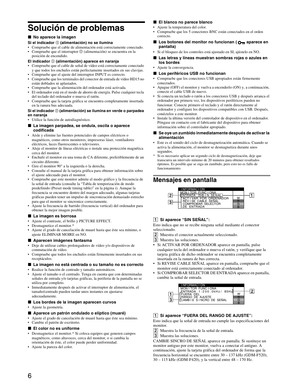 Solución de problemas, Mensajes en pantalla | Sony GDM-F520 User Manual | Page 24 / 52