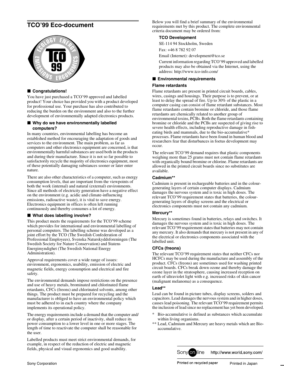 Tco’99 eco-document | Sony GDM-F520 User Manual | Page 52 / 52