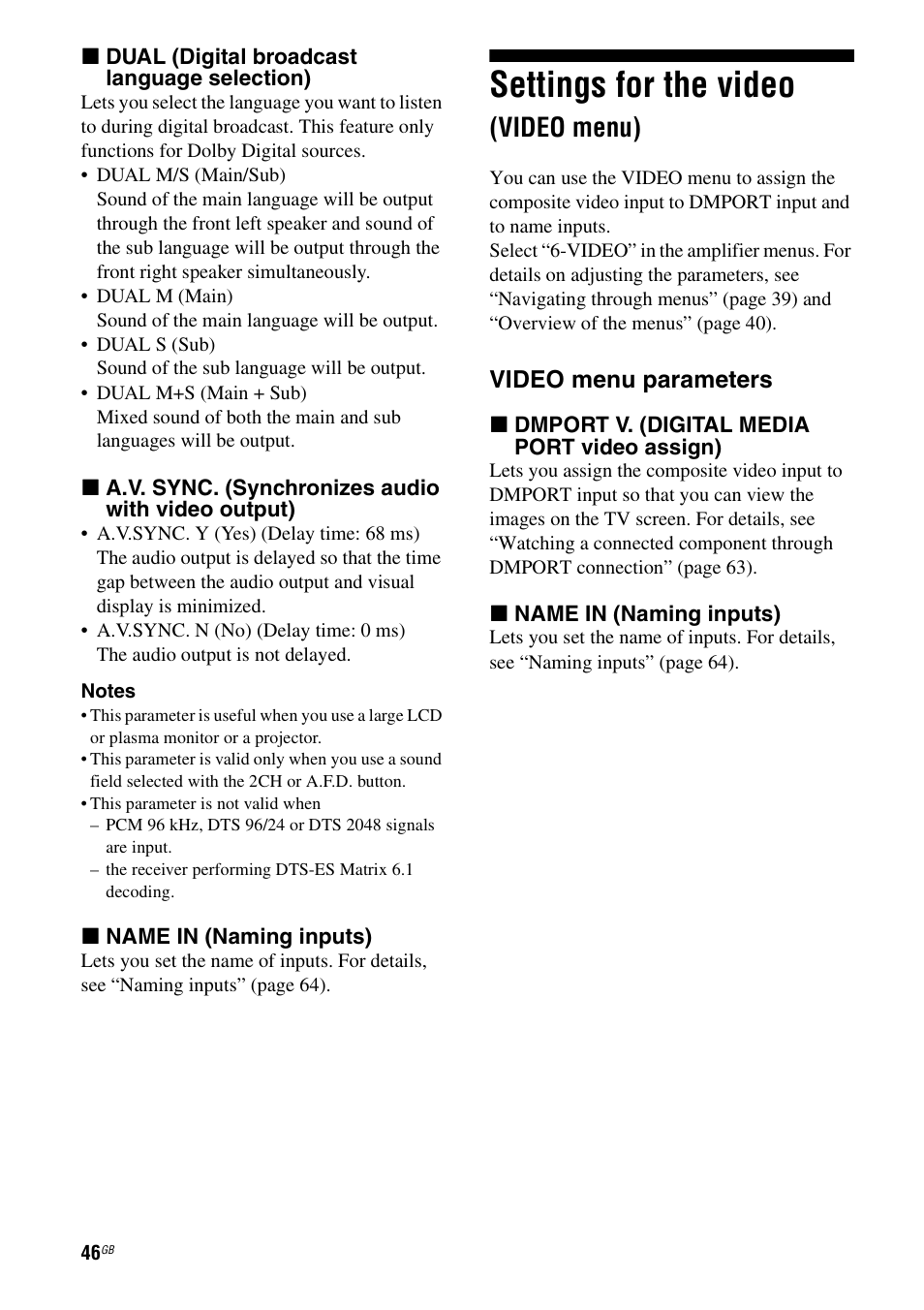 Settings for the video (video menu), O (46), Settings for the video | Video menu), Video menu parameters | Sony HT-DDW890 User Manual | Page 46 / 80