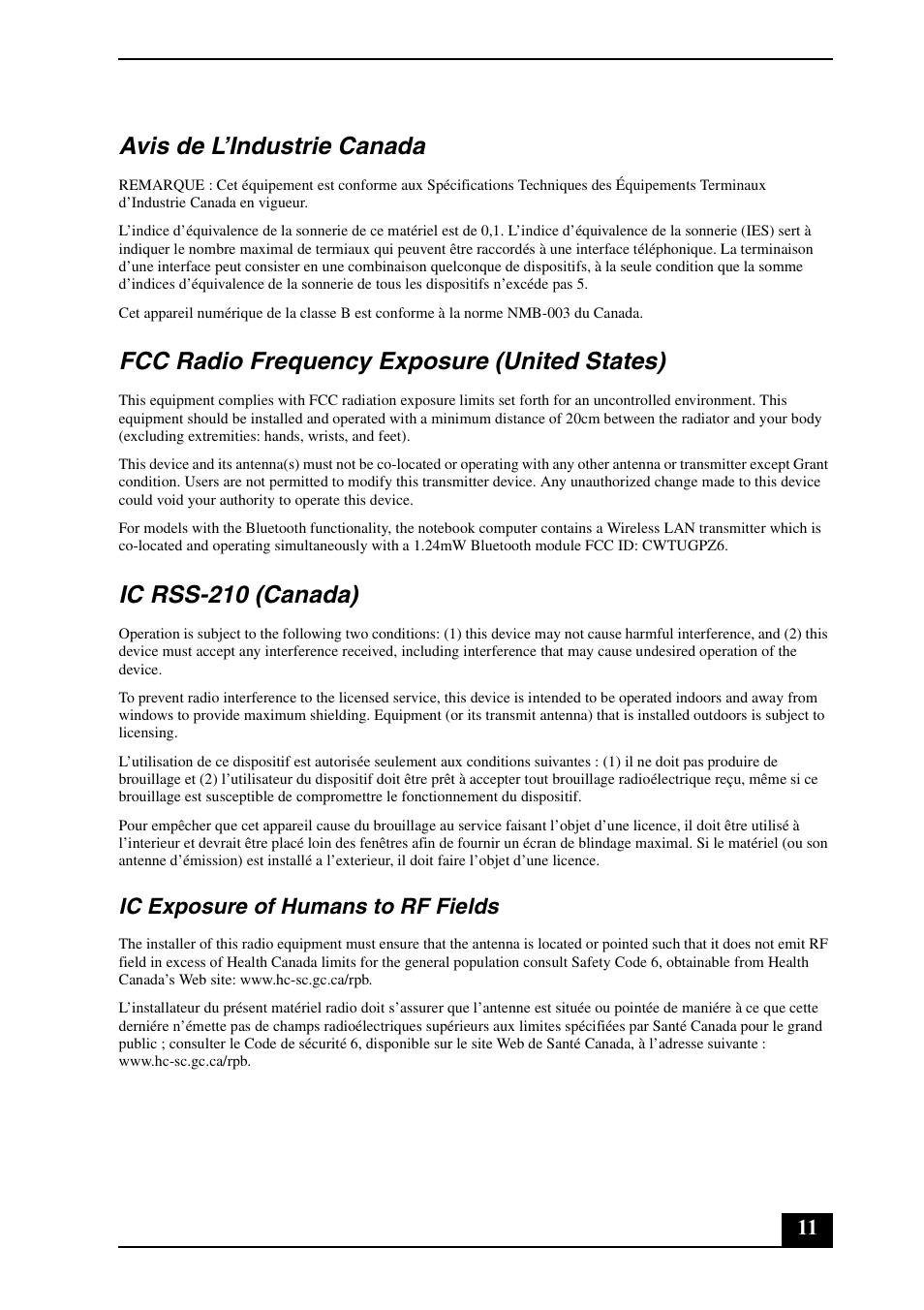 Avis de l’industrie canada, Fcc radio frequency exposure (united states), Ic rss-210 (canada) | Ic exposure of humans to rf fields | Sony VGN-AR300 User Manual | Page 11 / 20