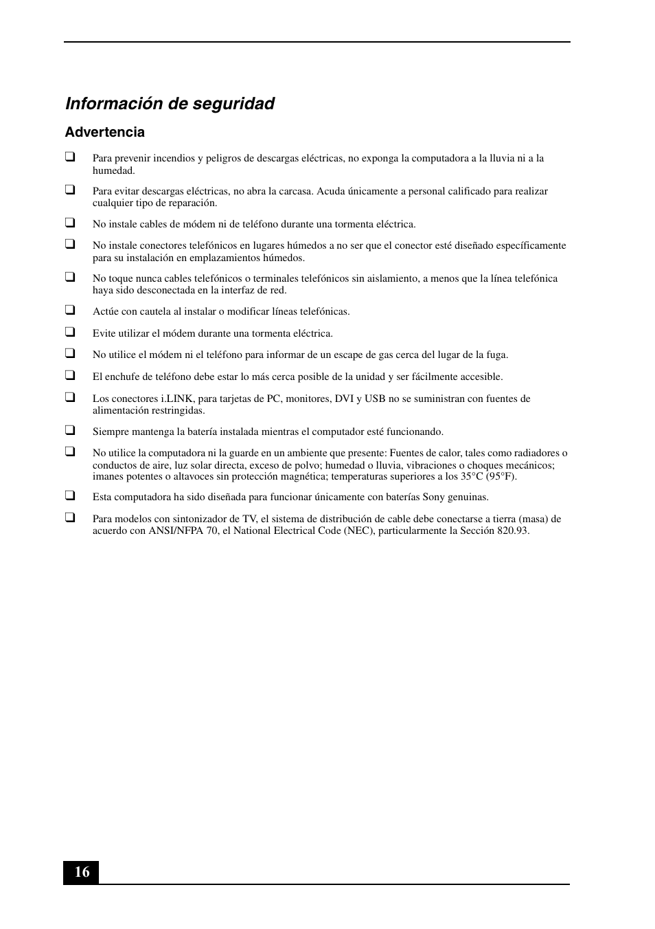Información de seguridad | Sony VGN-AR300 User Manual | Page 16 / 20