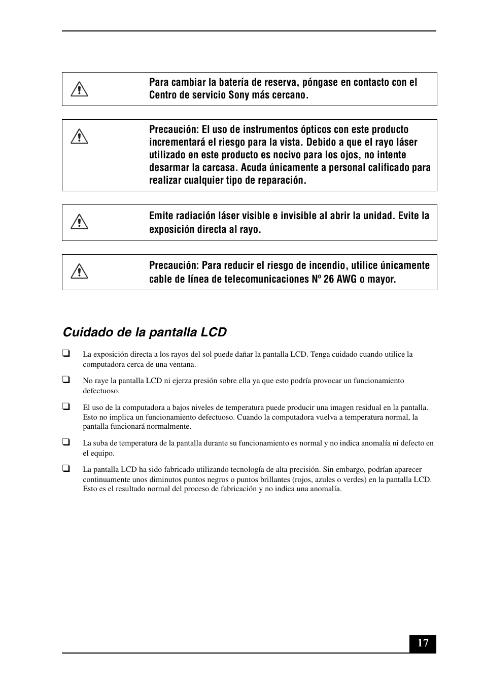 Cuidado de la pantalla lcd | Sony VGN-AR300 User Manual | Page 17 / 20