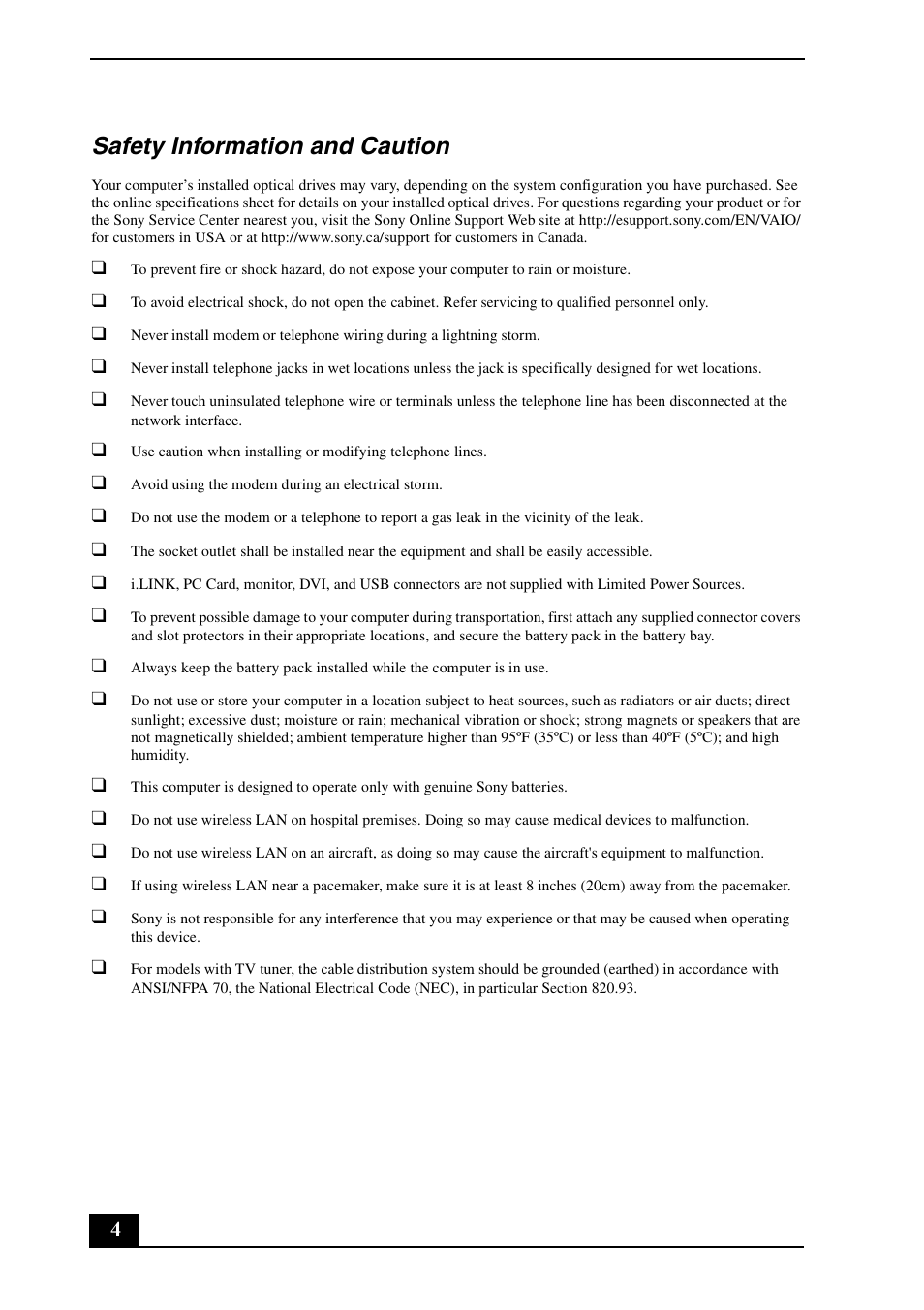 Safety information and caution | Sony VGN-AR300 User Manual | Page 4 / 20