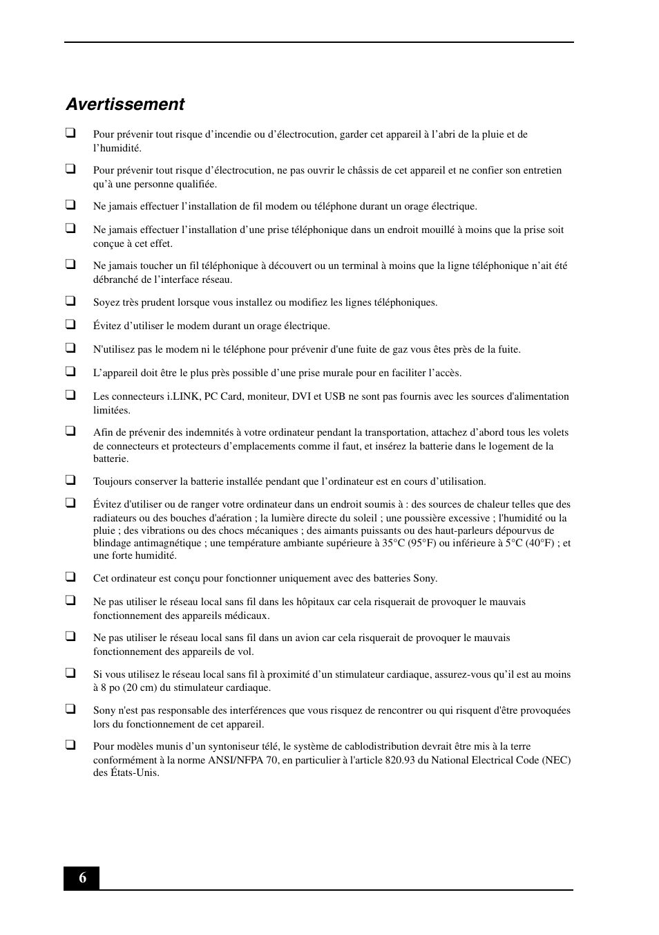 Avertissement | Sony VGN-AR300 User Manual | Page 6 / 20