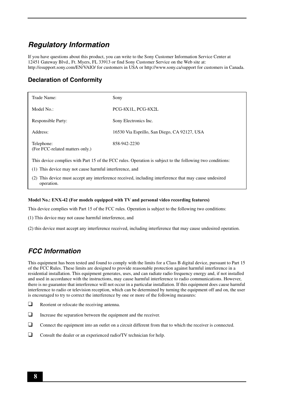 Regulatory information, Fcc information, Declaration of conformity | Sony VGN-AR300 User Manual | Page 8 / 20